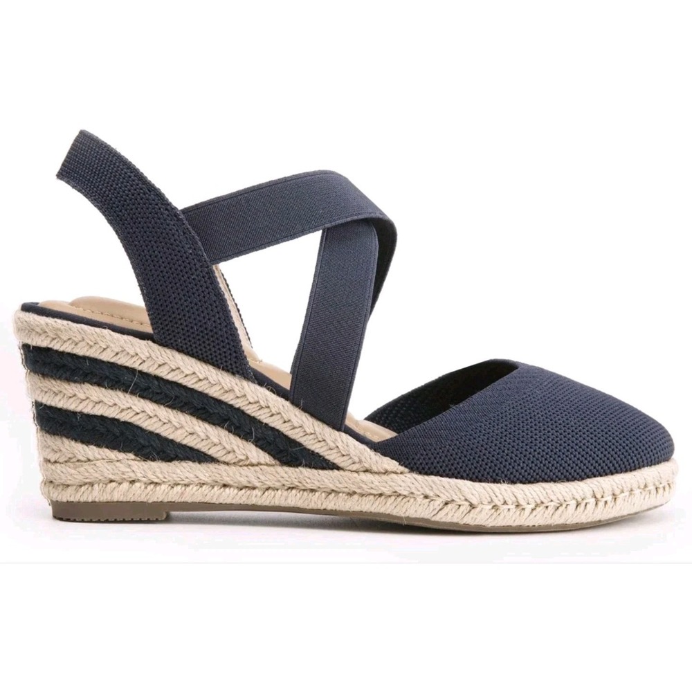 Me Too 9M Navy Blue Shiny Espadrille Wedge Sandals Crosscross Strap Summer Beach